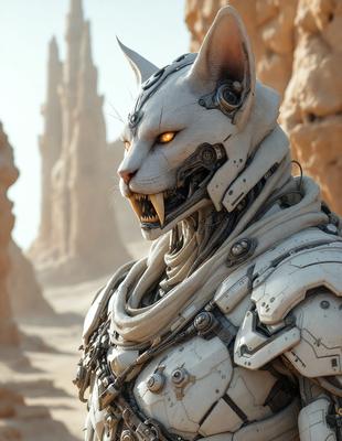 Primary subject: A white cat with a mechanical face and yellow eyes.

Setting/background: A desert landscape with rock formations in the background.

Visual style: Digital art.

Colors and mood: The image is predominantly white, with the cat's mechanical face and yellow eyes adding a touch of color and intrigue to the scene. The desert landscape and rock formations create a sense of mystery and adventure.